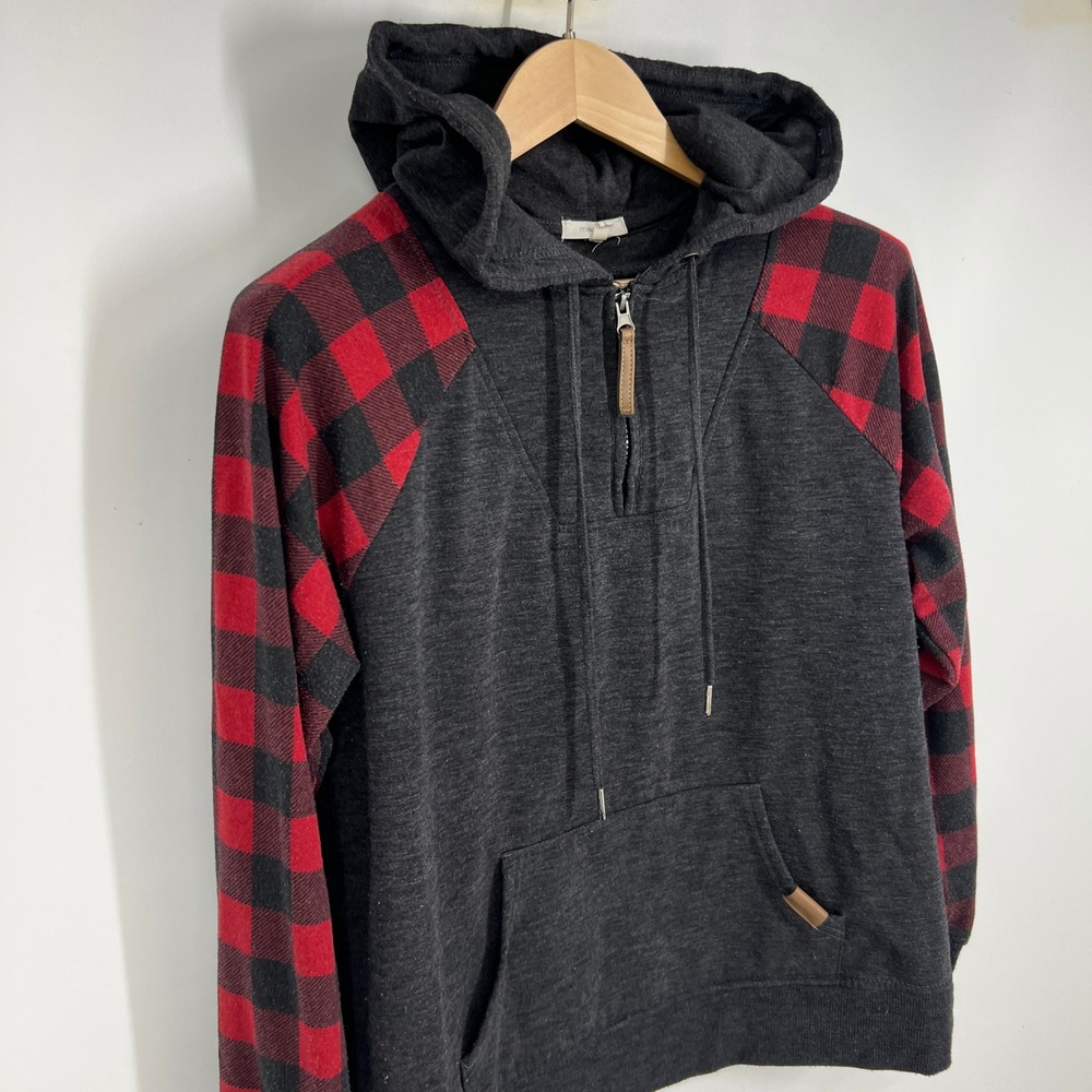 Maurices Womens Large Charcoal Grey Red Buffalo Plaid Quarter Zip Hoodie - Picture 3 of 10
